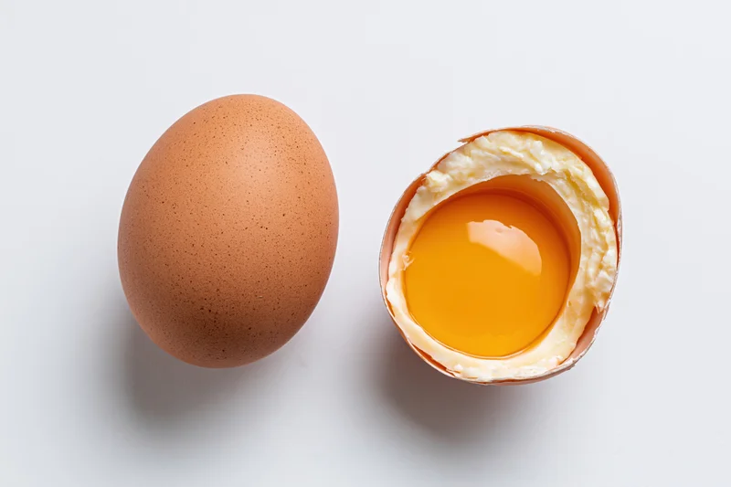 Whole brown chicken egg beside cracked half-shell holding yolk and white on white surface
