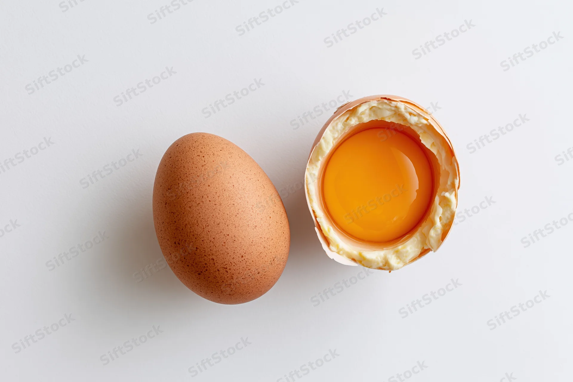 Whole brown chicken egg beside cracked half-shell holding yolk on white surface