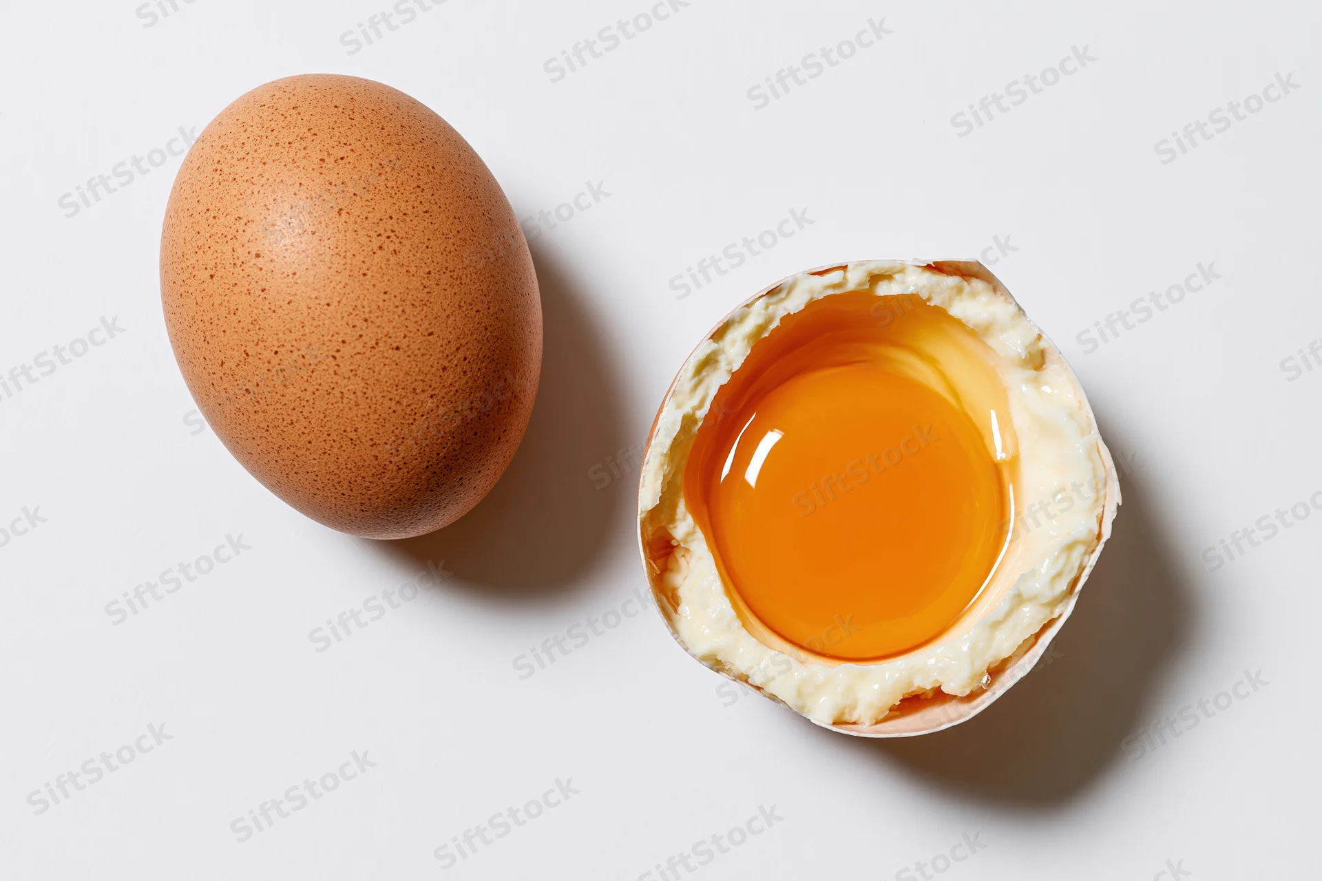 Whole brown chicken egg beside cracked half-shell holding yolk and white on white background