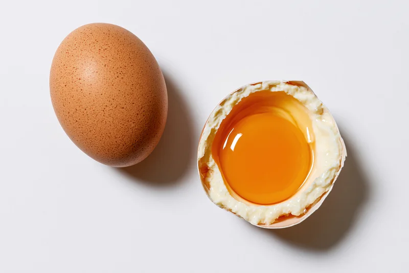 Whole brown chicken egg beside cracked half-shell holding yolk and white on white background