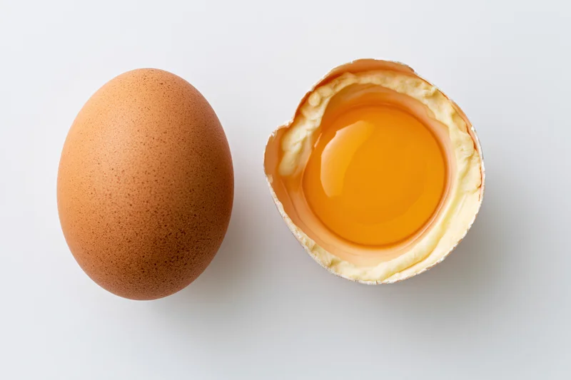 Whole brown chicken egg beside cracked half-shell holding yolk and white on white background