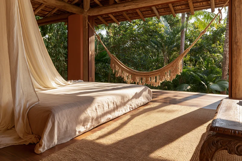 Low linen daybed in open-air tropical villa lounge with woven hammock and thatched roof overlooking jungle greenery