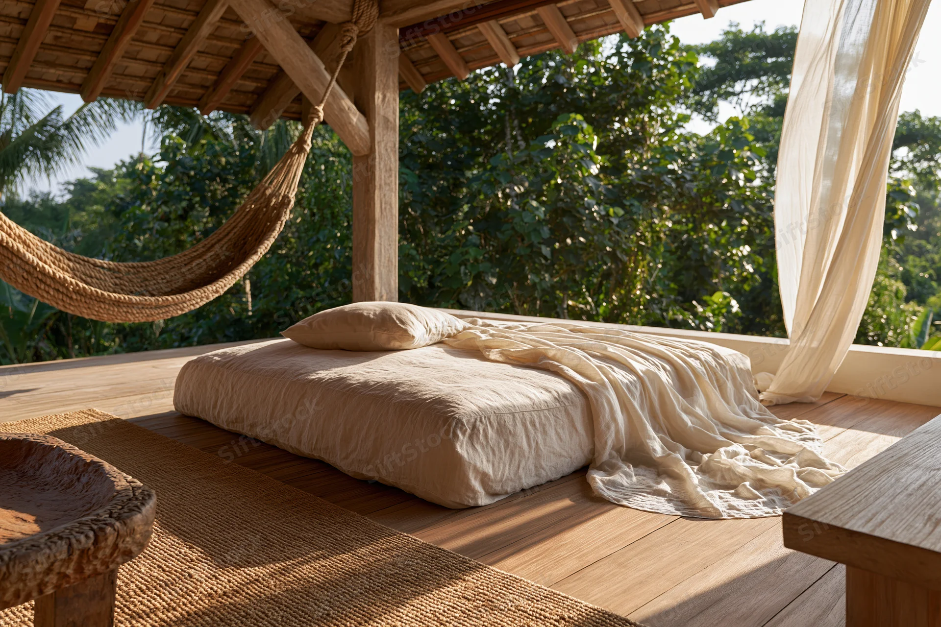 Low linen daybed with draped blanket and cushion on wooden deck under thatched roof with hammock and tropical greenery in background