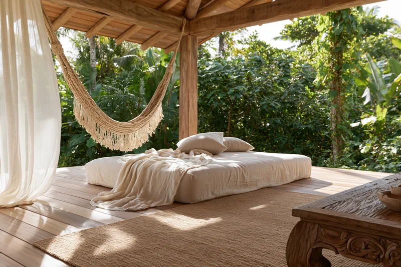 Low linen daybed with woven hammock on wooden deck in tropical villa lounge