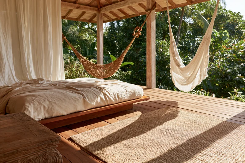 Low linen daybed on wooden deck with woven hammocks under open-air tropical villa canopy