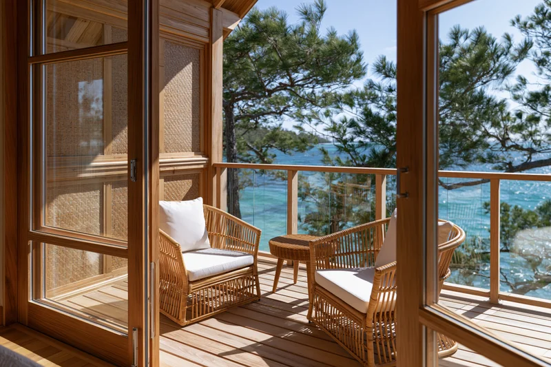 Wooden terrace with wicker chairs and ocean view from a tropical eco-resort bungalow