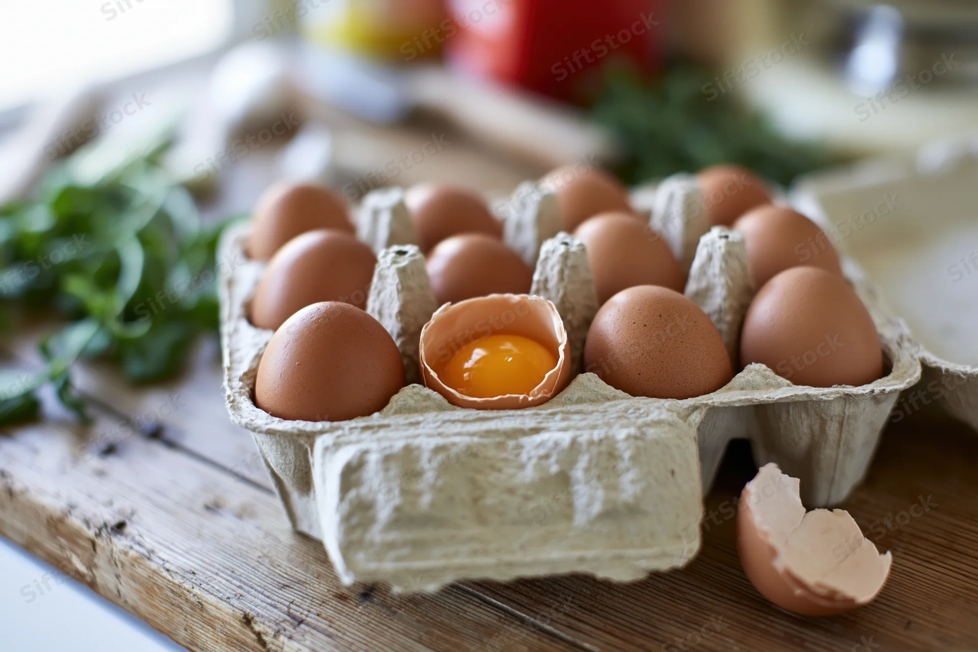Open cardboard egg carton holding brown eggs with one cracked to reveal yolk on wooden kitchen table