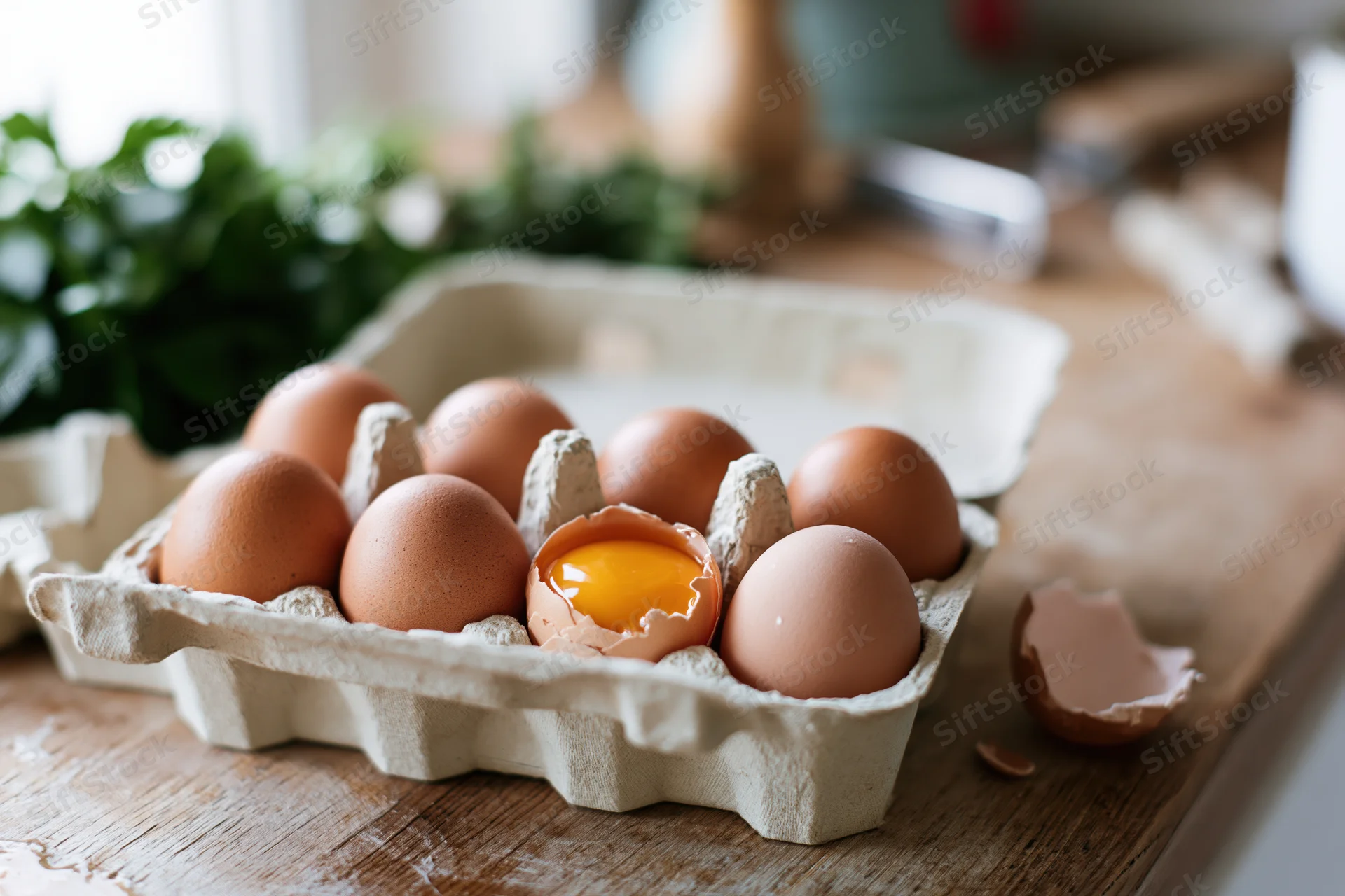 Open cardboard egg carton holding brown eggs with one cracked to reveal yolk on wooden kitchen countertop
