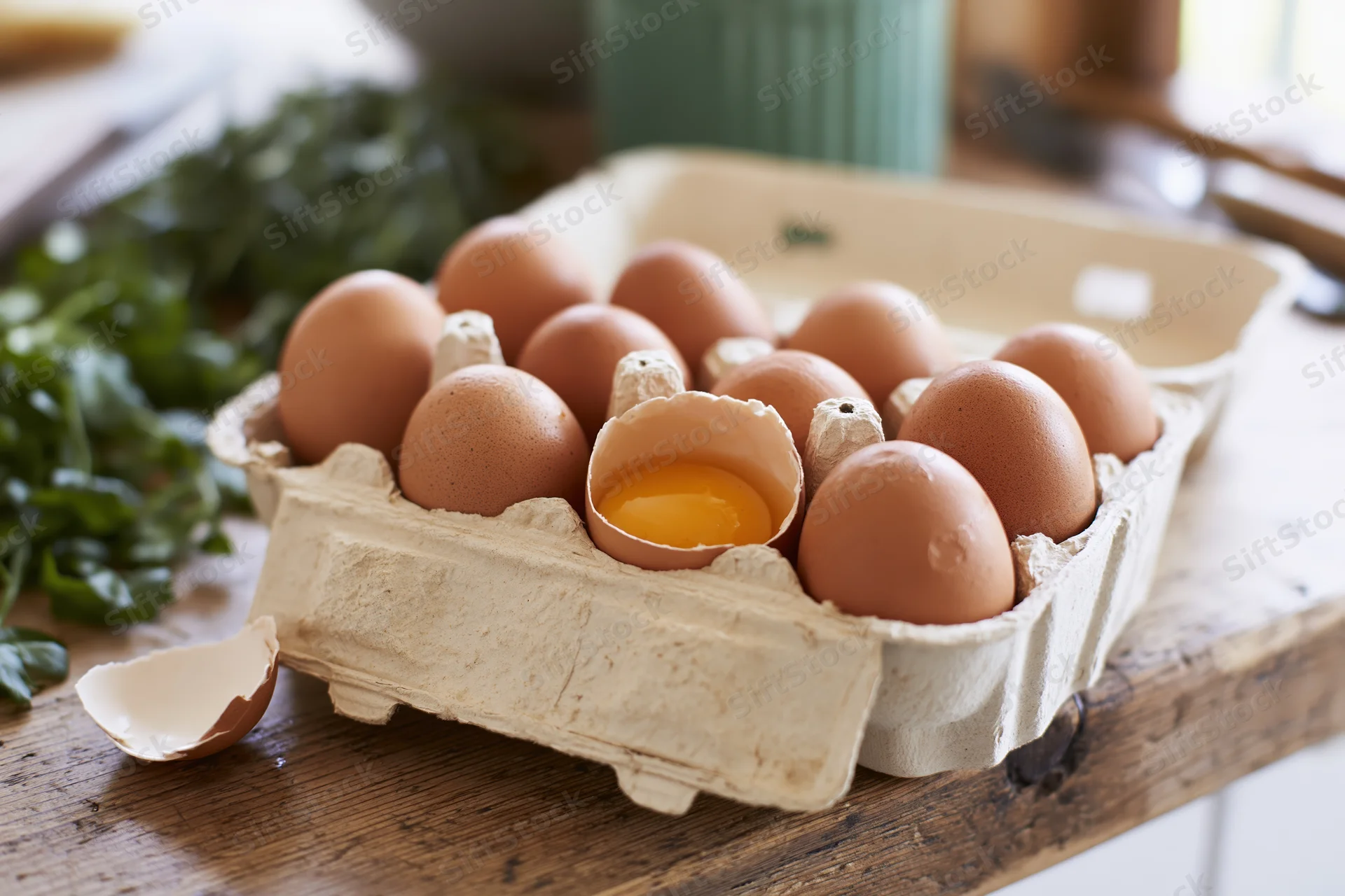 Open cardboard egg carton holding brown eggs with one cracked on wooden kitchen table