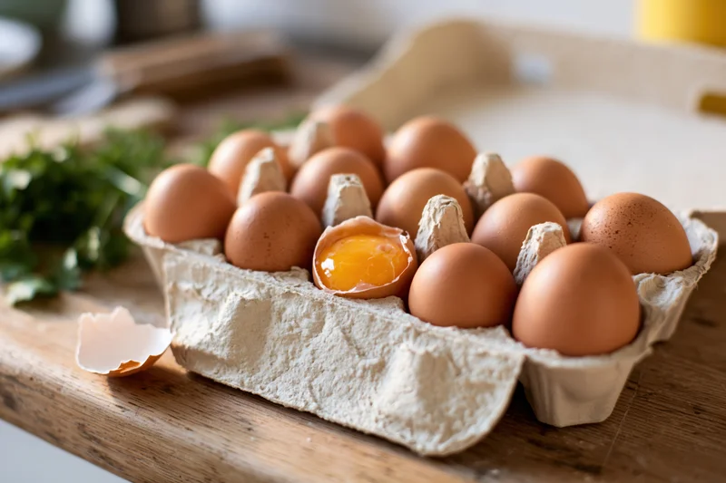 Open cardboard egg carton holding brown eggs with one cracked to reveal yolk on wooden cutting board in kitchen