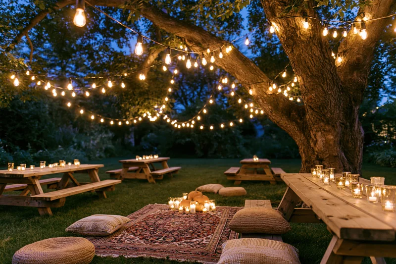 Rustic wooden picnic tables set with candles and string lights in a garden at dusk for an outdoor dinner party