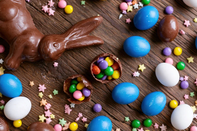 Chocolate easter bunny and colorful candy eggs arranged on dark wooden surface