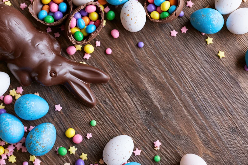 Chocolate easter bunny and colorful candy scattered on dark wooden surface in flat lay arrangement