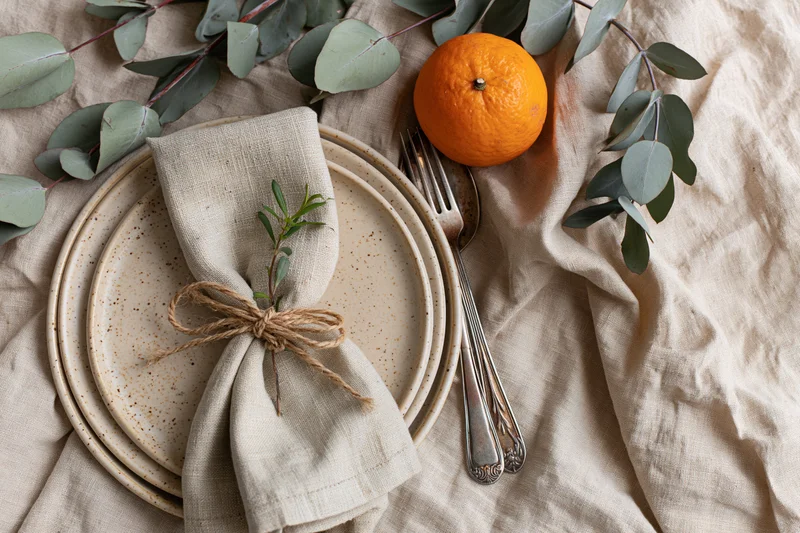 Rustic place setting with linen napkin, ceramic plates, cutlery, orange, and eucalyptus on crumpled linen tablecloth