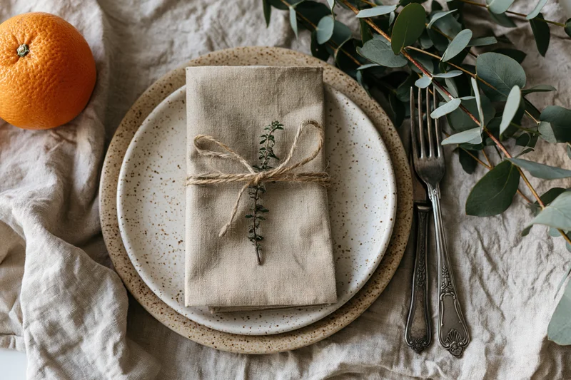 Rustic place setting with linen napkin, ceramic plates, and greenery arranged on crumpled linen tablecloth