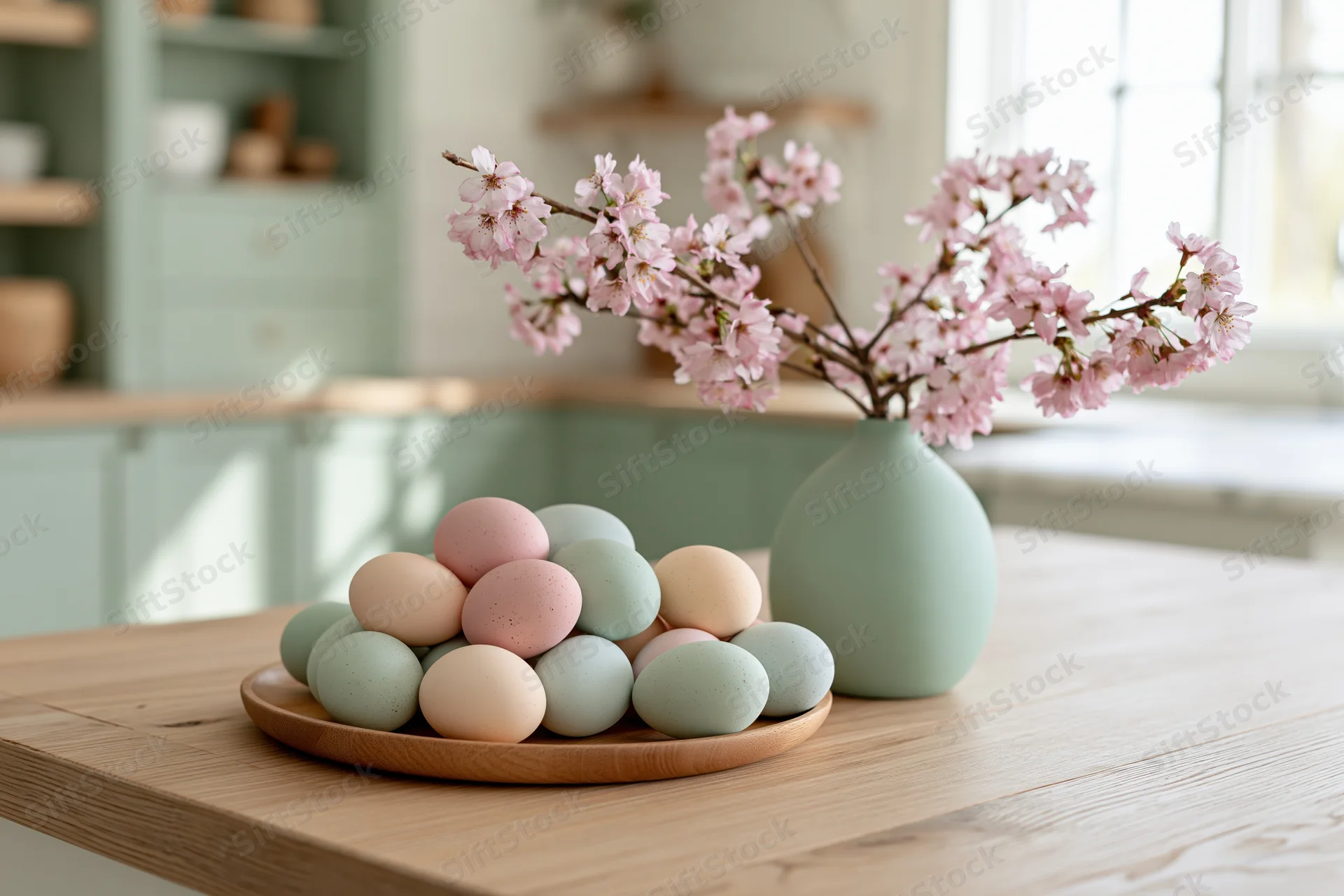 Pastel-colored easter eggs arranged on a wooden plate beside a vase of cherry blossoms on a kitchen table