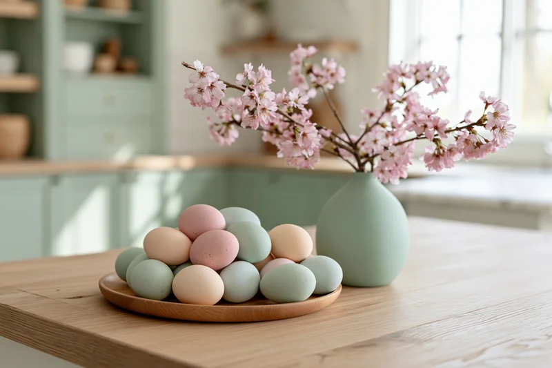 Pastel-colored easter eggs arranged on a wooden plate beside a vase of cherry blossoms on a kitchen table