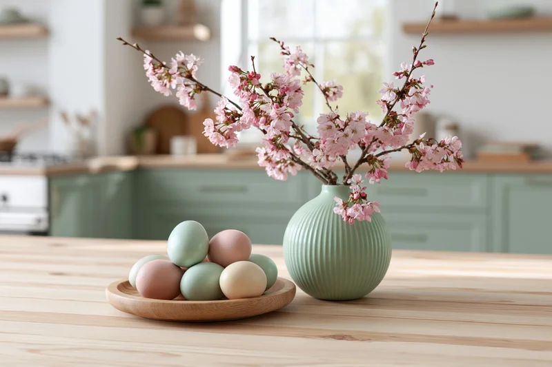 Pastel-colored easter eggs on a wooden plate beside a vase with cherry blossoms on a kitchen countertop