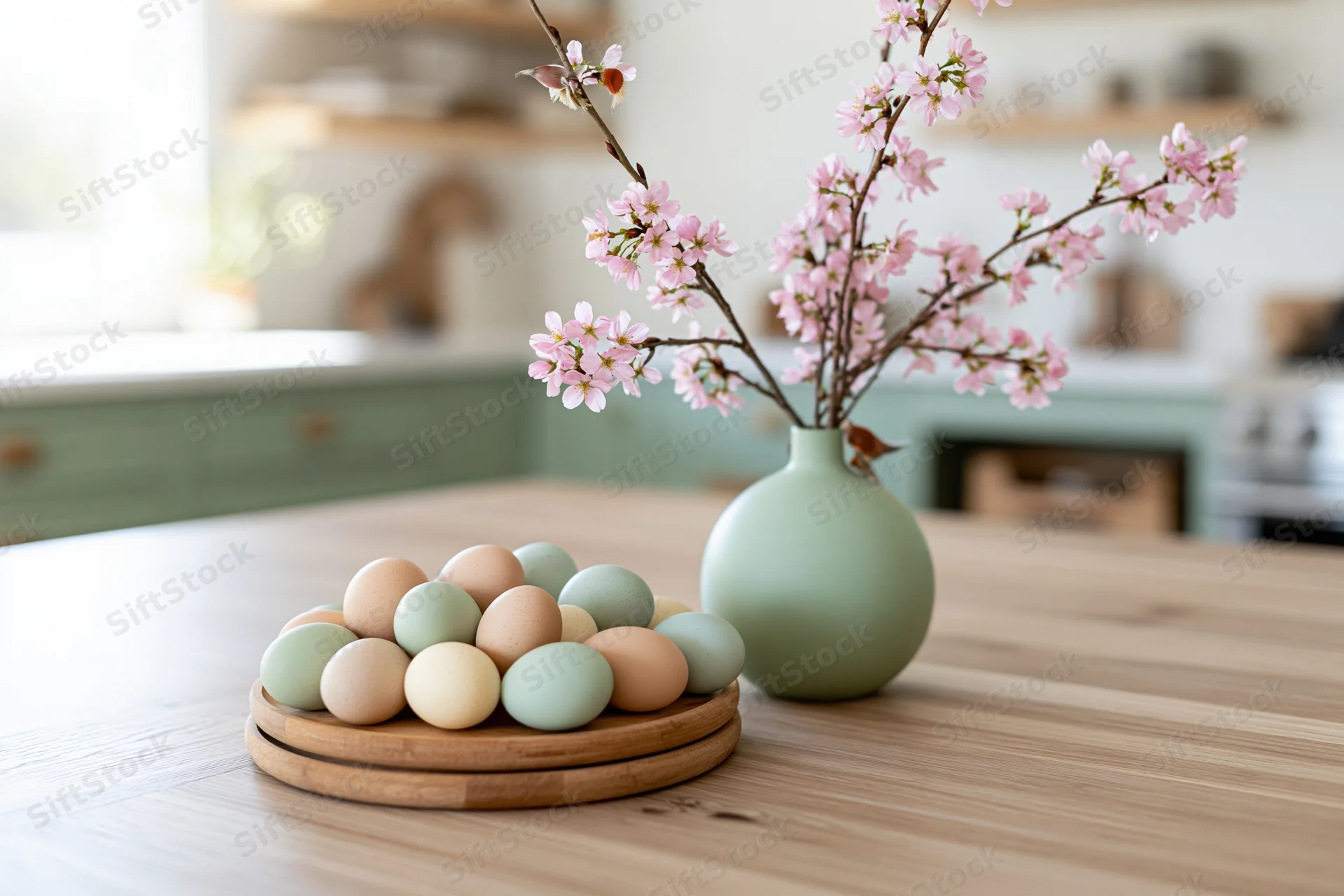 Pastel-colored easter eggs arranged on a wooden plate beside a mint vase with cherry blossoms on a kitchen table