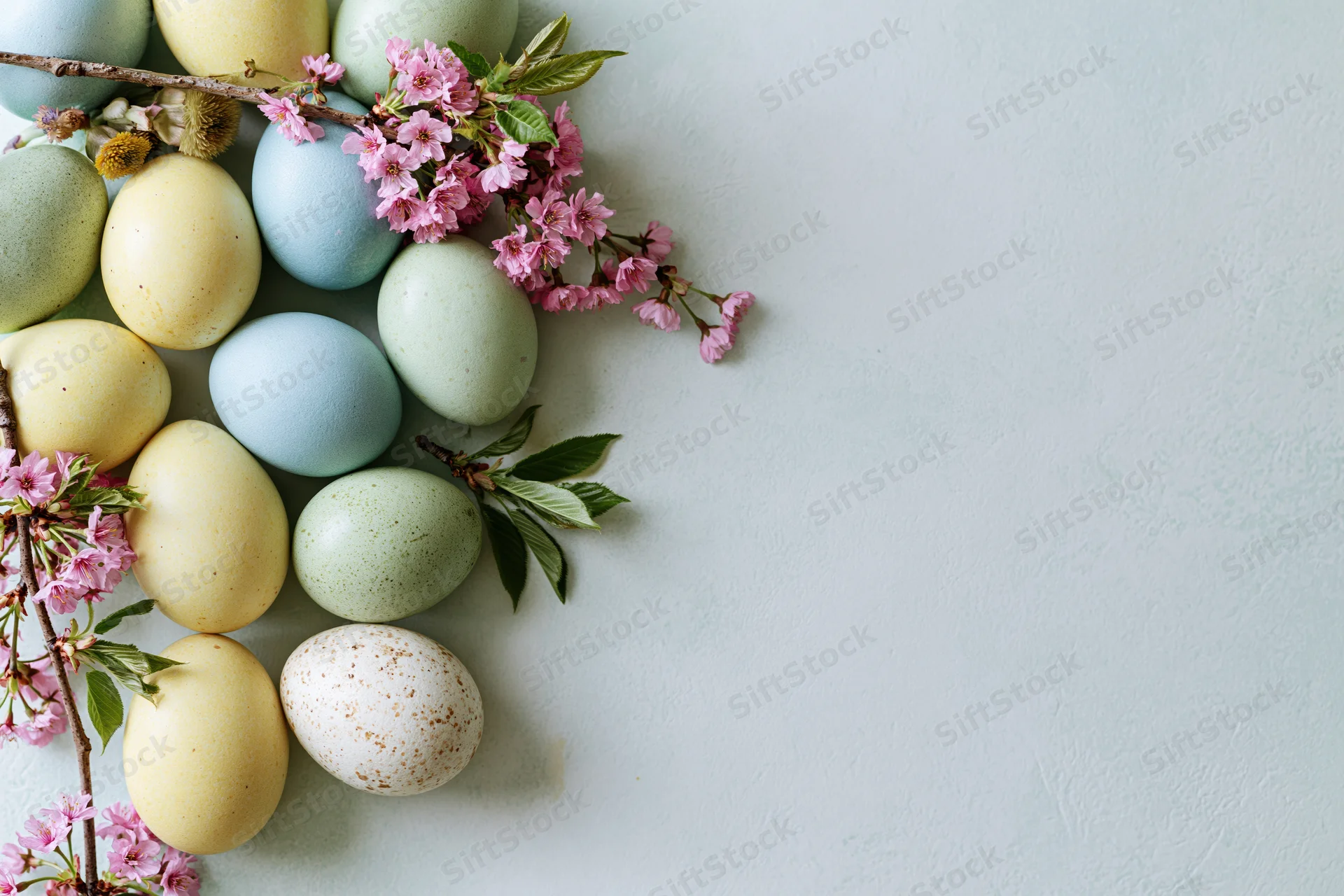 Pastel-dyed easter eggs and pink cherry blossom branches arranged in a flat lay on a light surface with copyspace