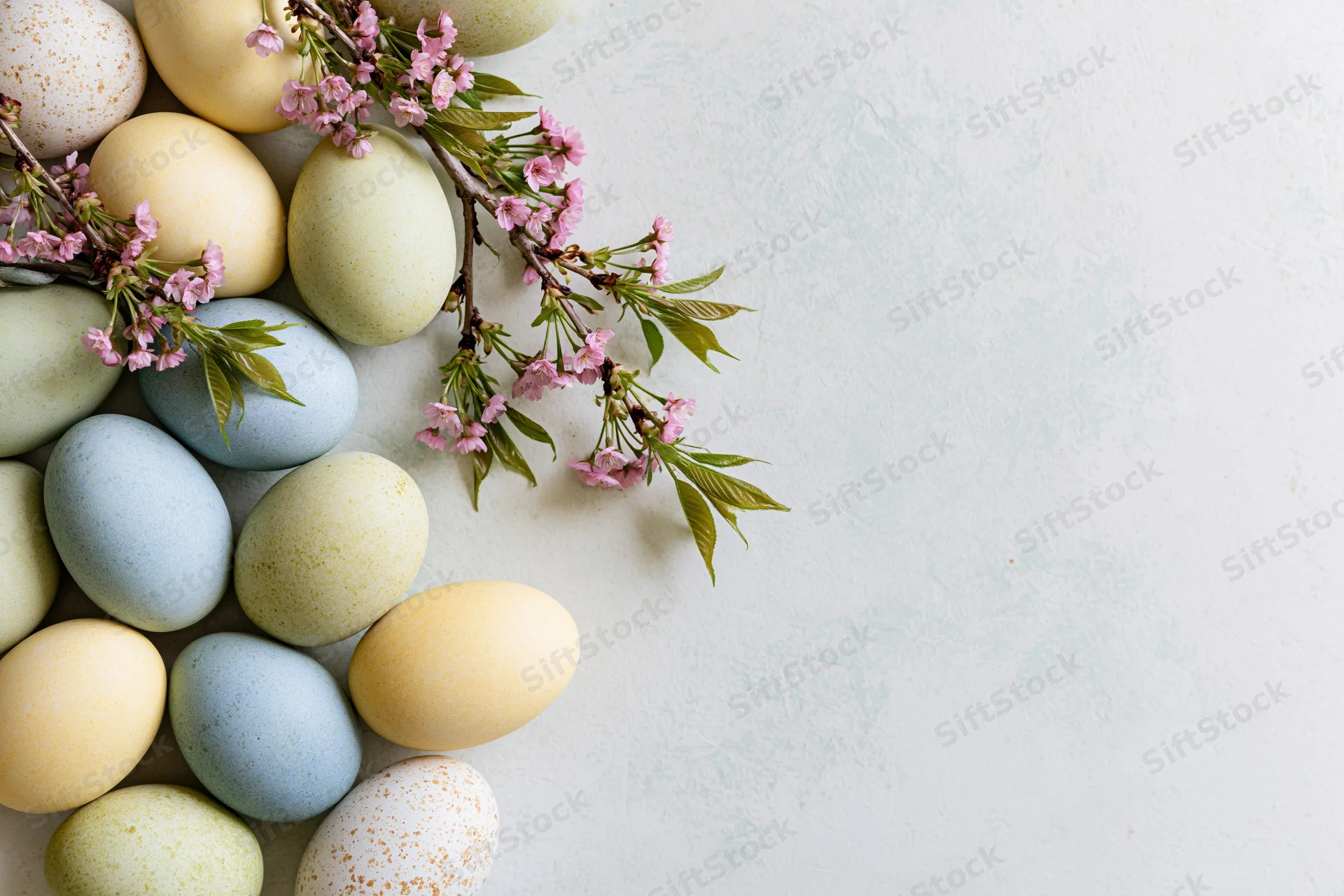 Pastel-dyed easter eggs and cherry blossom branches arranged on a white surface with copyspace