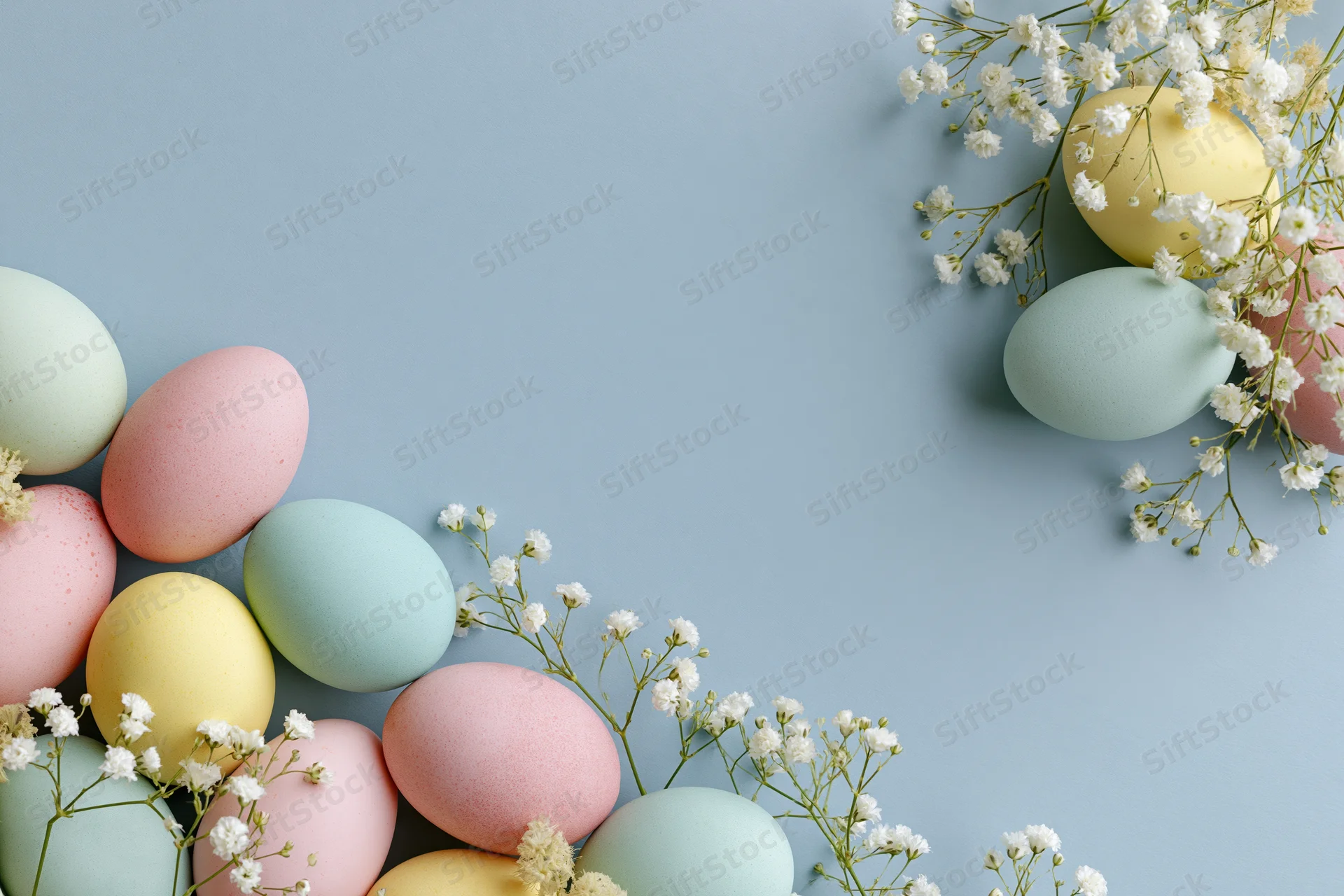 Pastel-dyed easter eggs and white baby's breath arranged in a border on a light blue surface with copyspace