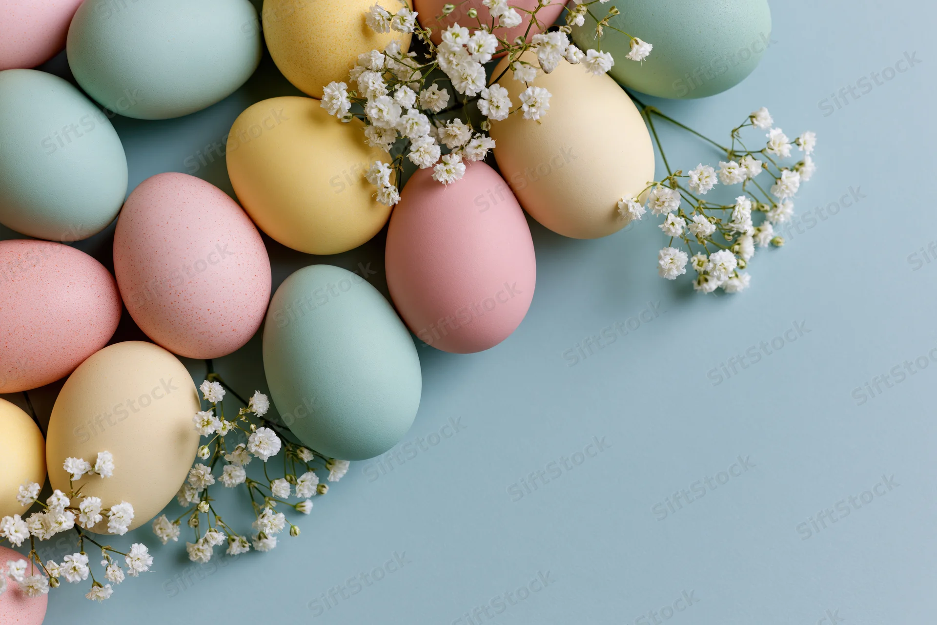 Pastel-dyed easter eggs arranged with baby's-breath flowers on a blue surface