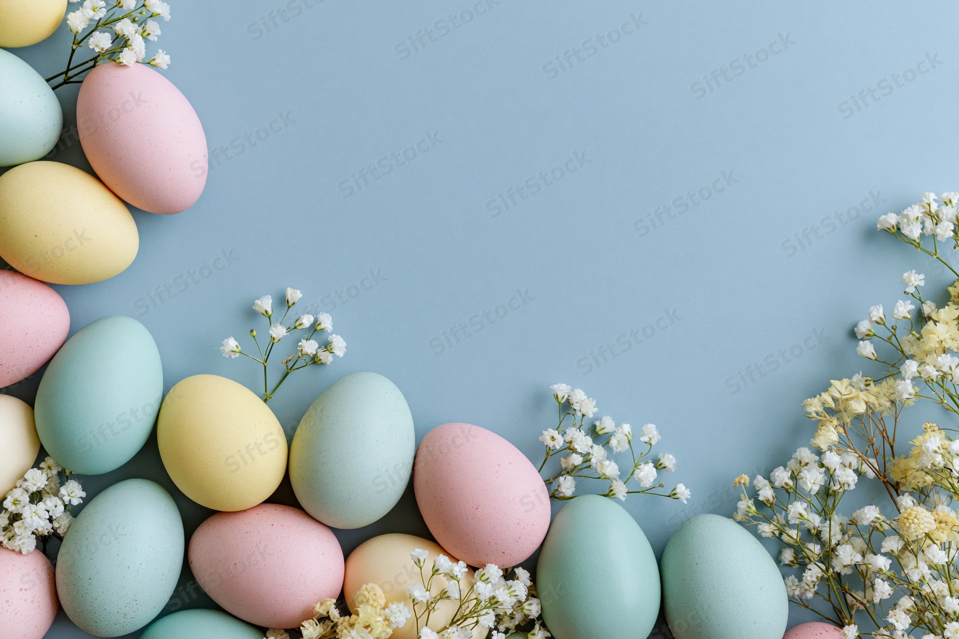 Pastel-dyed easter eggs and white baby's breath arranged in a flat lay on a light blue background with copyspace