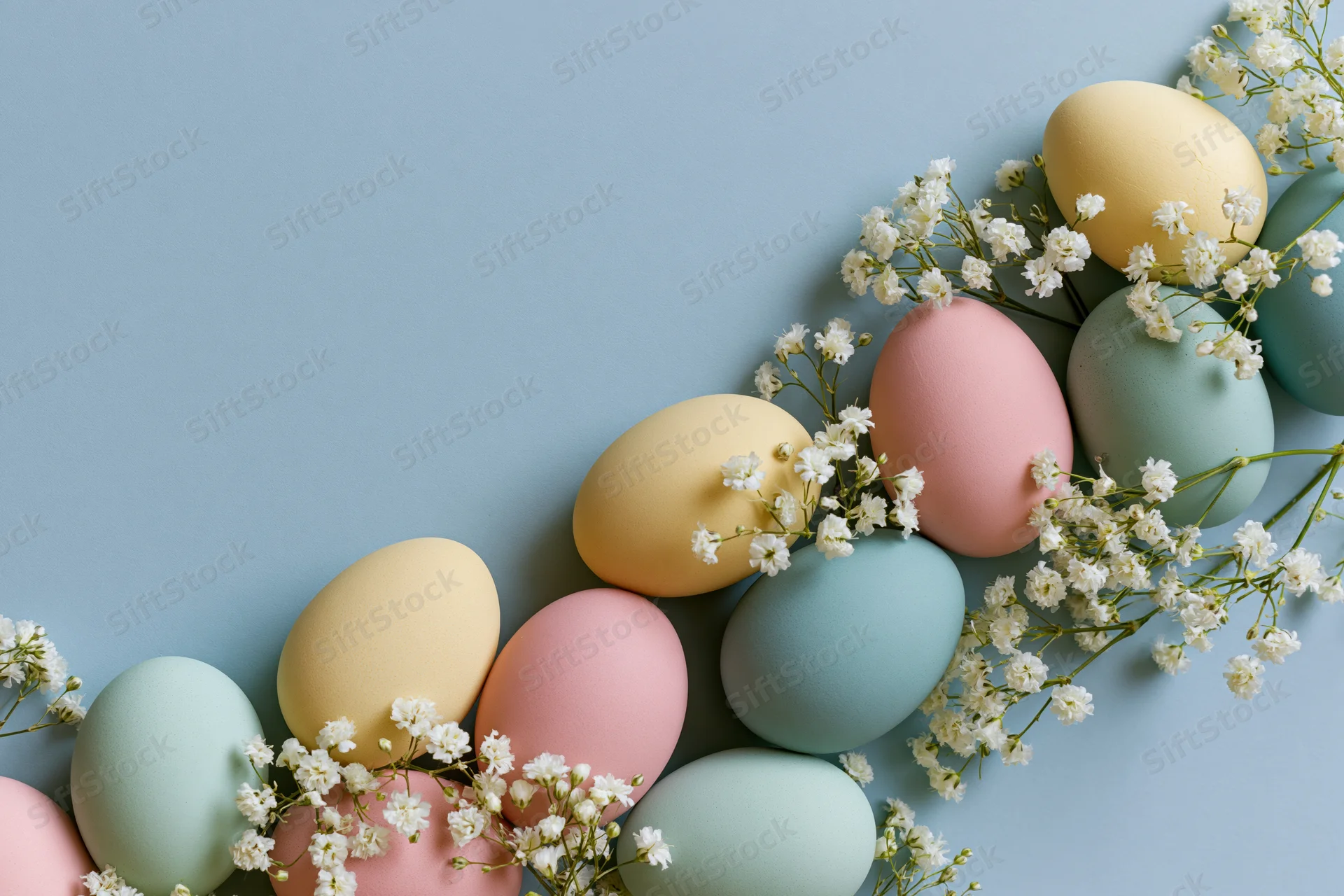 Pastel-dyed easter eggs arranged with baby's-breath flowers on a blue background