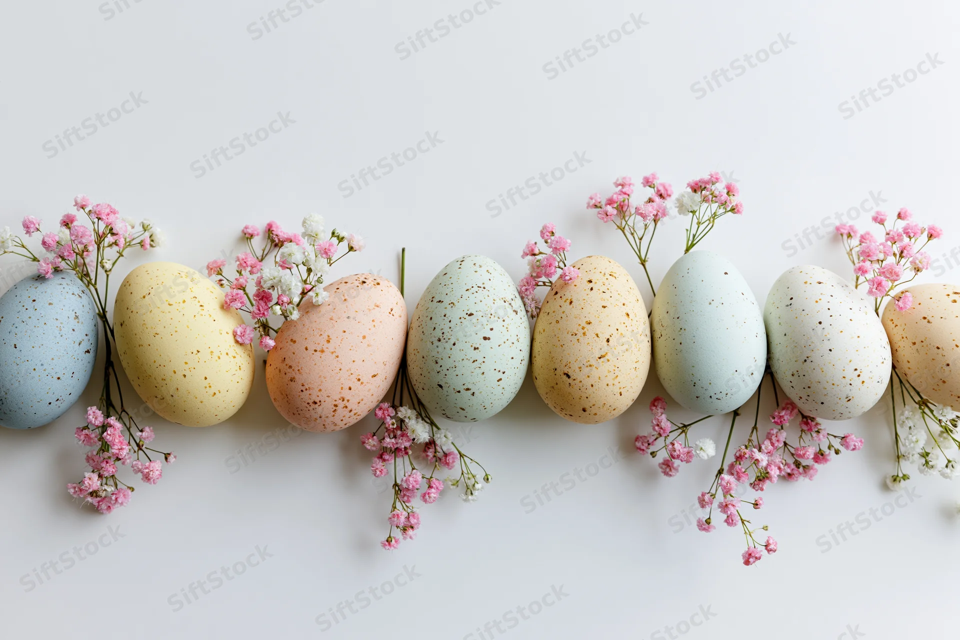 Pastel-dyed speckled easter eggs arranged horizontally with pink and white baby's breath flowers on white background