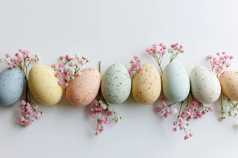 Pastel-dyed speckled easter eggs arranged horizontally with pink and white baby's breath flowers on white background