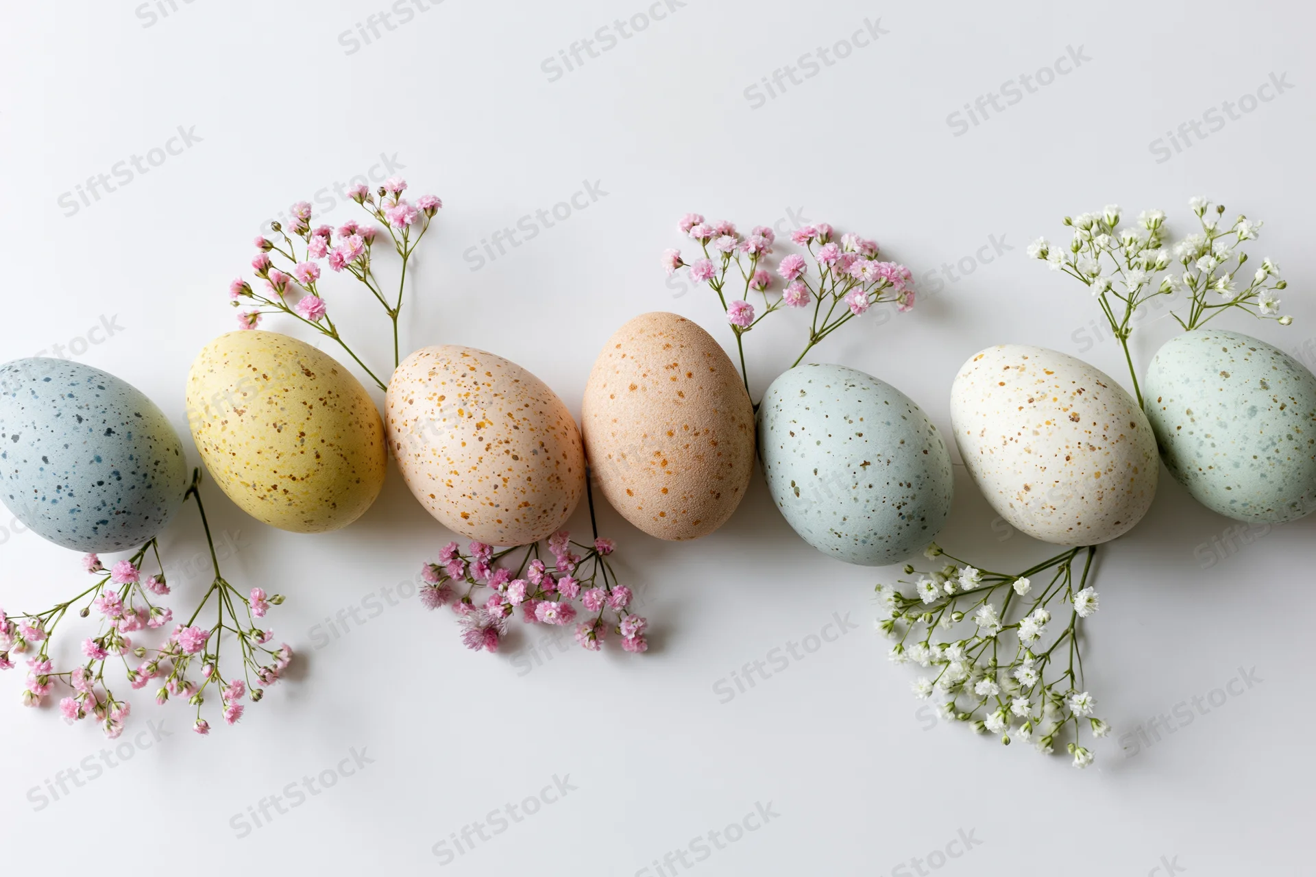 Pastel-dyed speckled easter eggs arranged in a loose horizontal row with baby's breath flowers on a white background