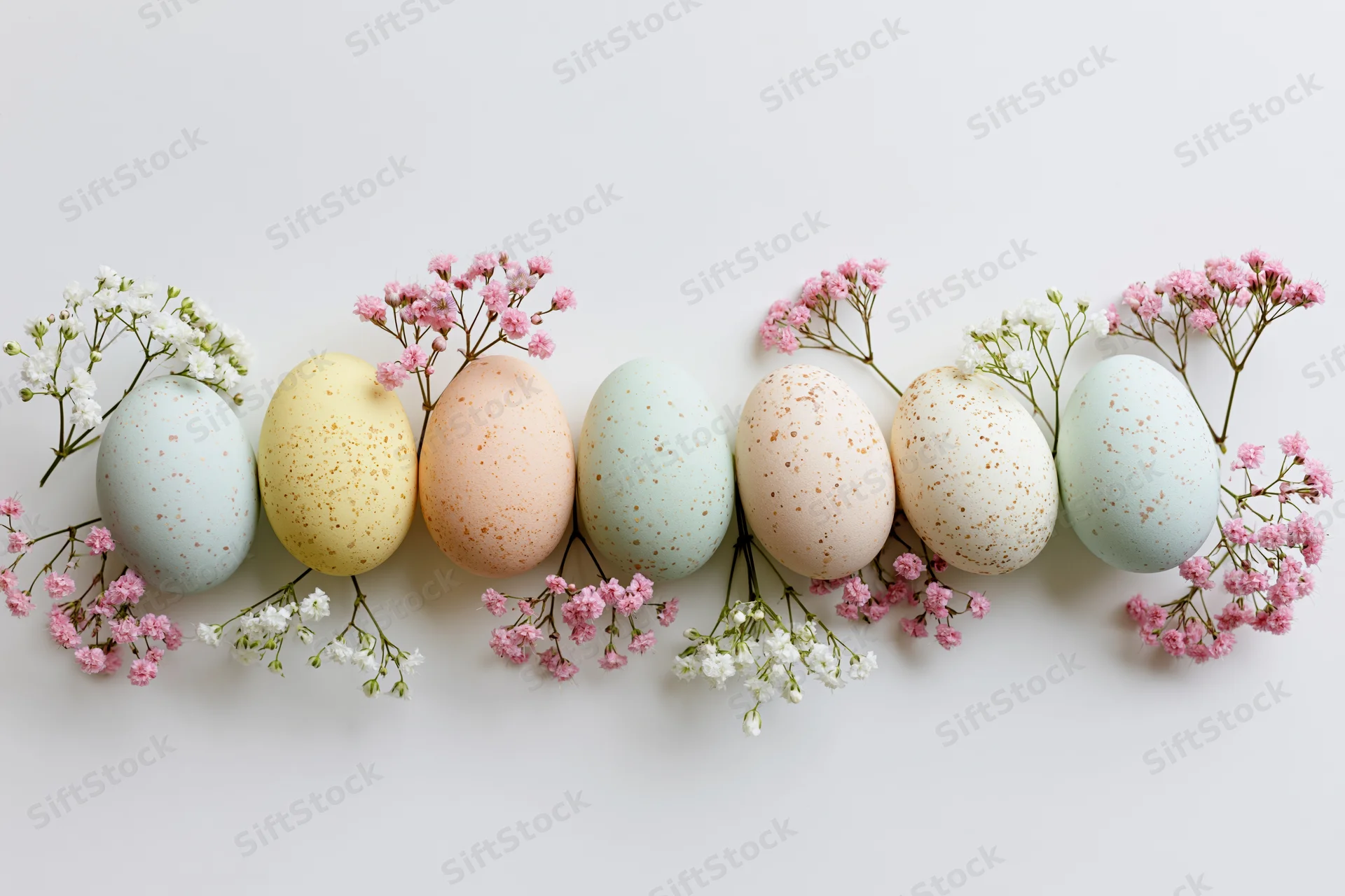 Pastel-dyed speckled easter eggs arranged in a row with pink and white baby's breath flowers on a white background