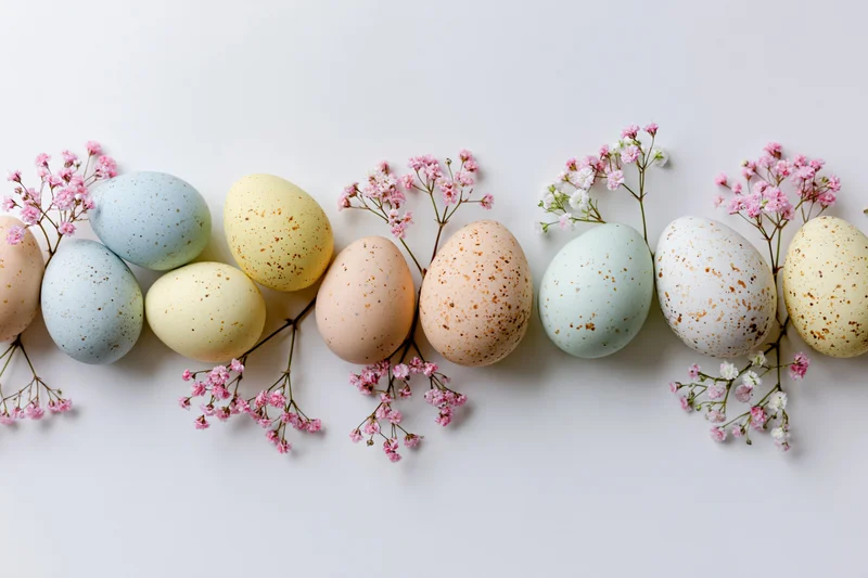 Pastel-dyed speckled easter eggs arranged in a loose horizontal row with pink baby's breath flowers on a white background