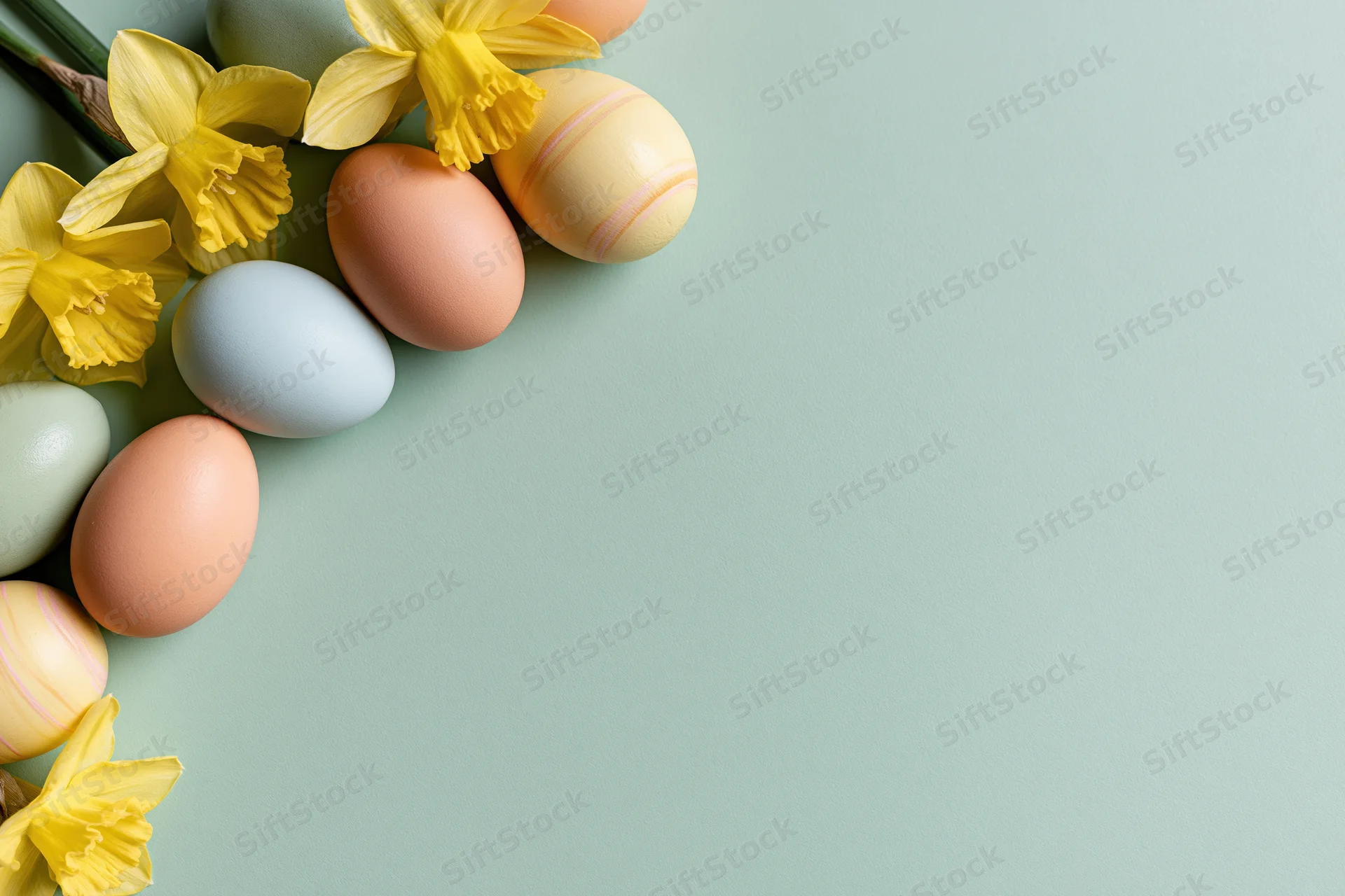 Pastel-painted easter eggs and fresh yellow daffodil blooms arranged in a flat lay on a light green surface with copyspace