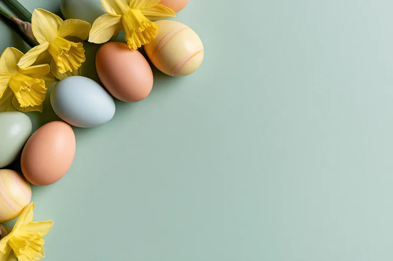 Pastel-painted easter eggs and fresh yellow daffodil blooms arranged in a flat lay on a light green surface with copyspace