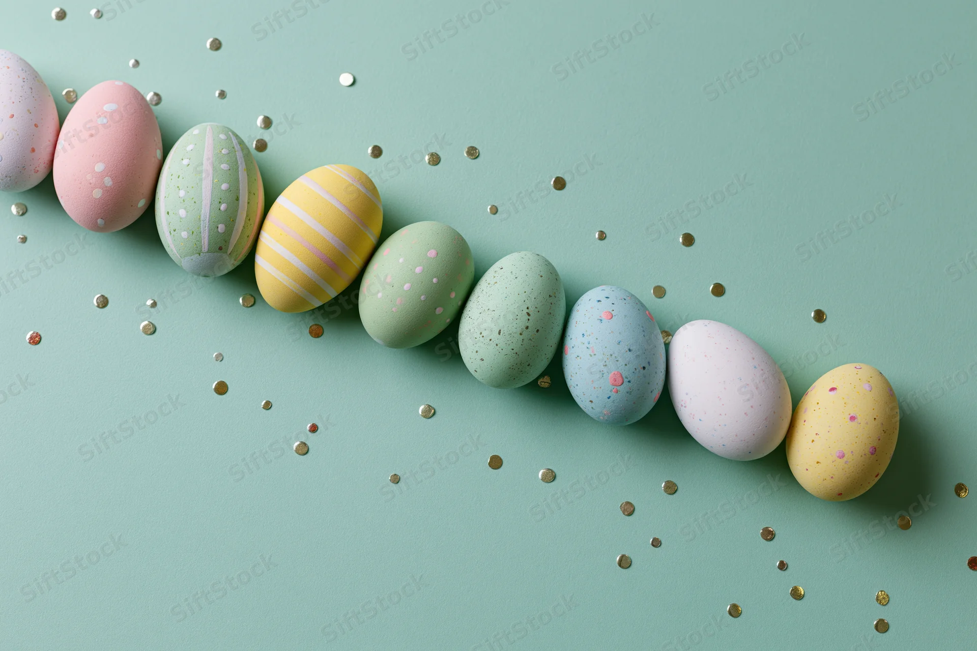 Pastel-painted easter eggs arranged in a loose diagonal row on a mint green surface with scattered gold confetti