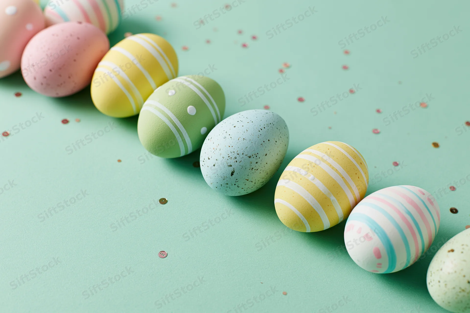 Pastel-painted easter eggs arranged in a loose diagonal row on a mint green surface with scattered confetti