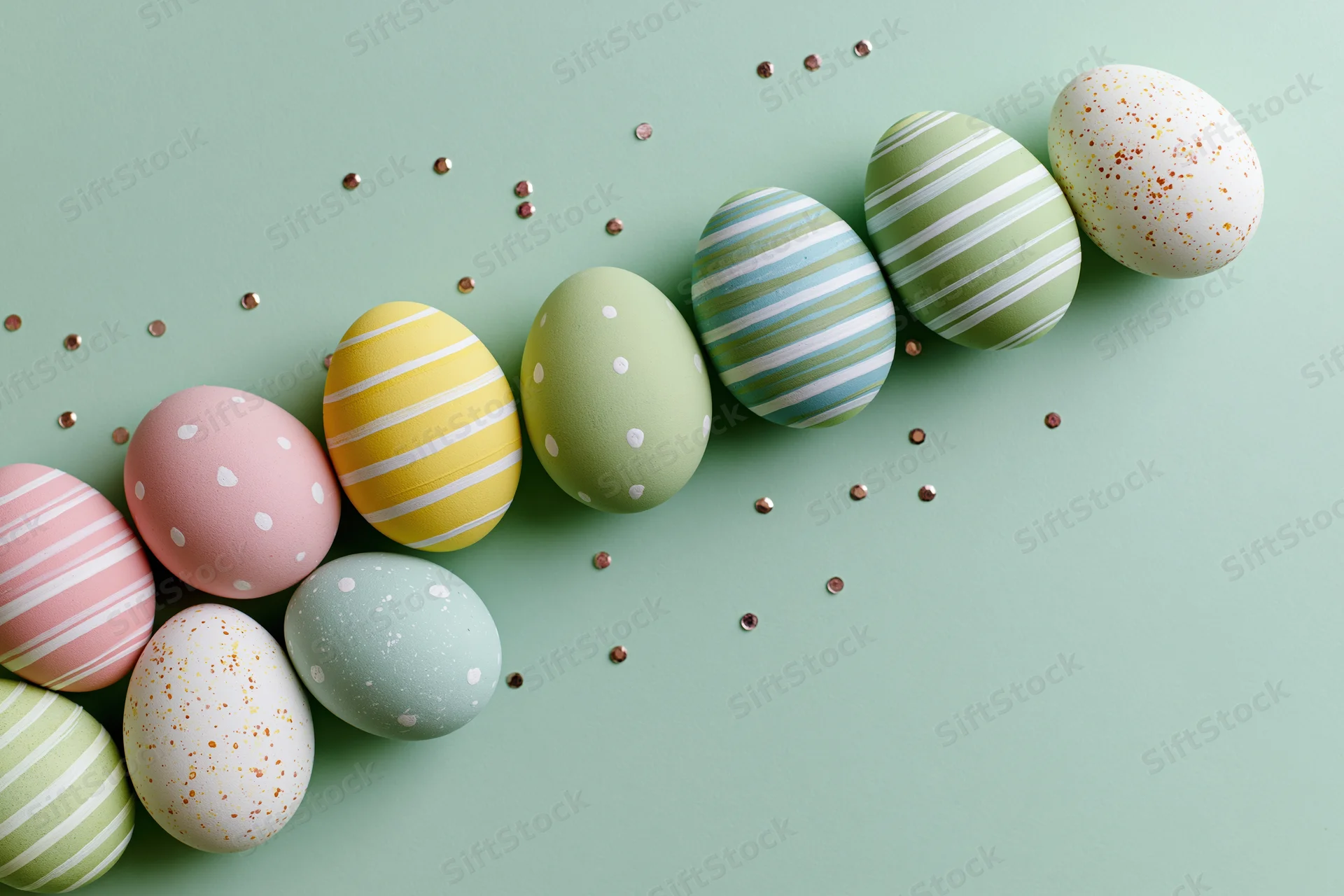 Pastel-painted easter eggs arranged in a loose diagonal row on a mint green surface with scattered glitter confetti