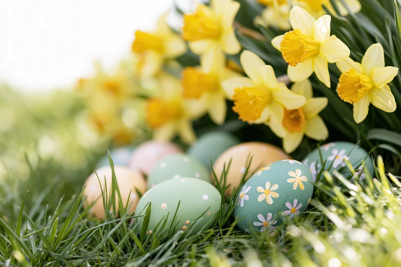 Pastel-painted easter eggs scattered in fresh green grass beside blooming daffodils