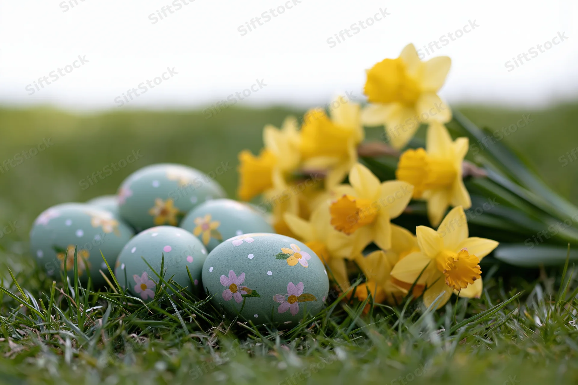 Pastel-painted easter eggs scattered in fresh green grass beside blooming daffodils