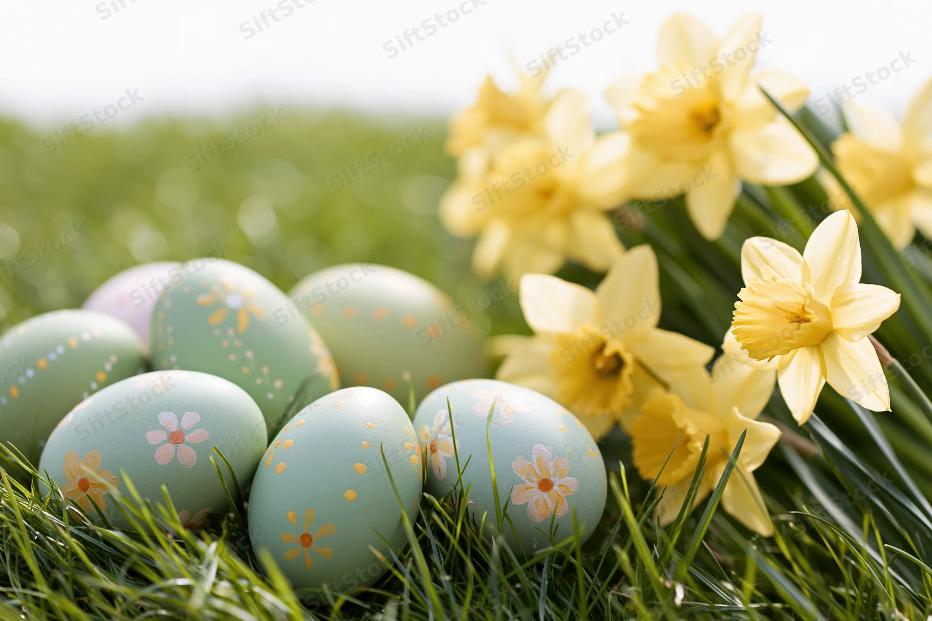 Pastel-painted easter eggs scattered in fresh green grass beside blooming daffodils