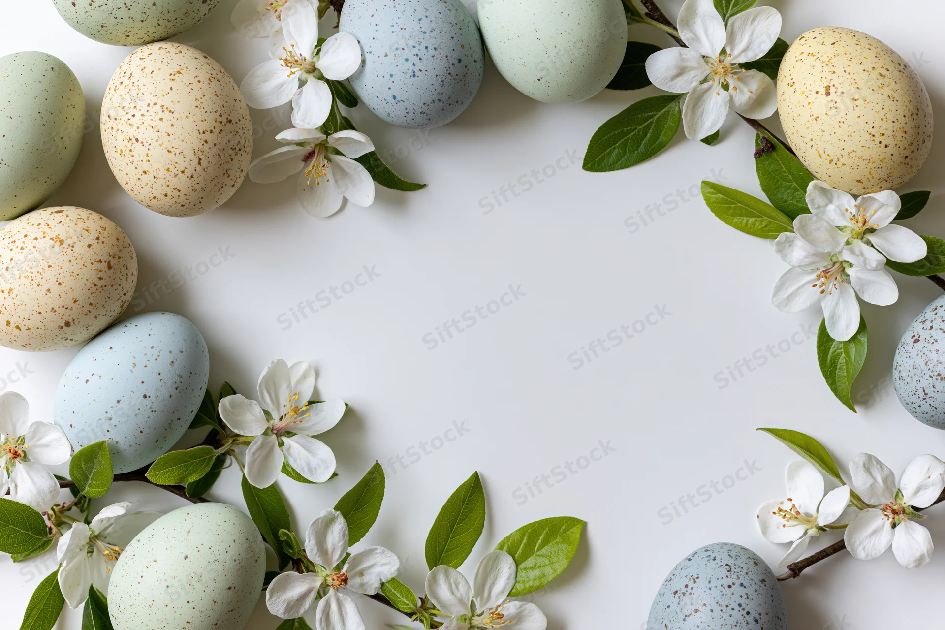 Pastel-speckled easter eggs and apple blossom branches arranged in a flat lay on white background with copyspace