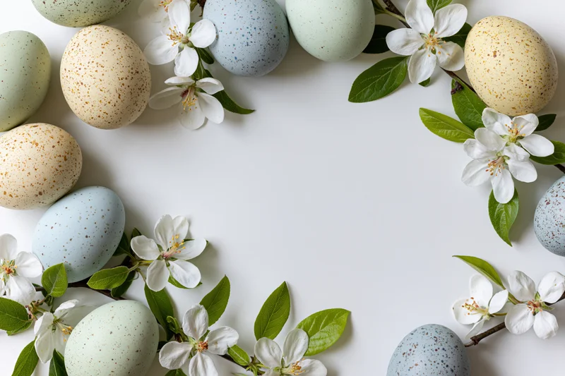 Pastel-speckled easter eggs and apple blossom branches arranged in a flat lay on white background with copyspace