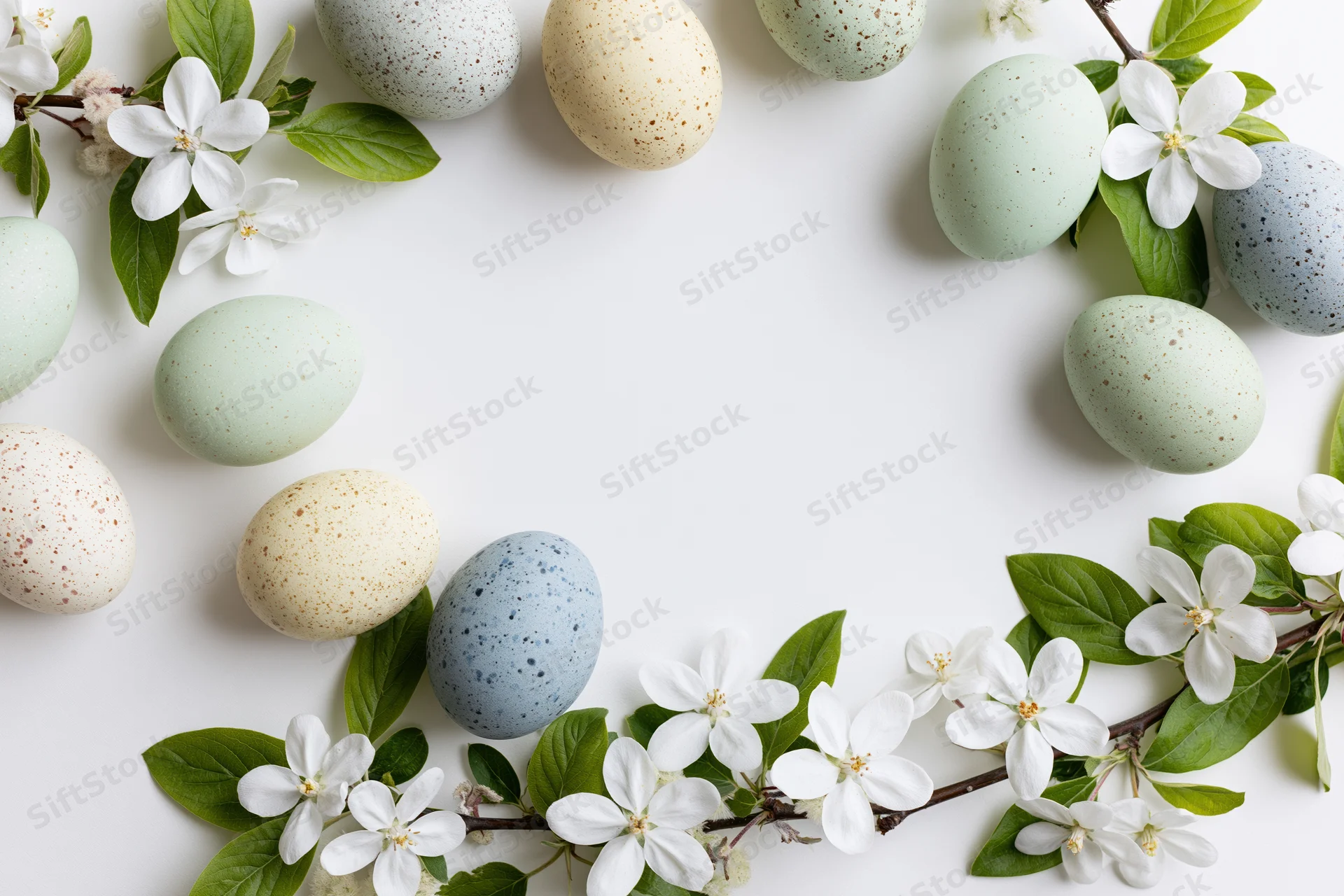Pastel-speckled Easter eggs and apple blossom branches arranged in a flat lay with copyspace on white background
