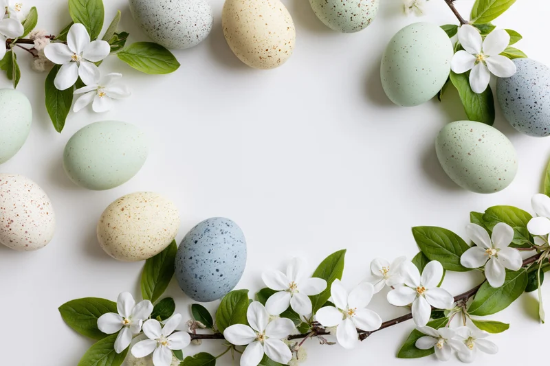 Pastel-speckled Easter eggs and apple blossom branches arranged in a flat lay with copyspace on white background