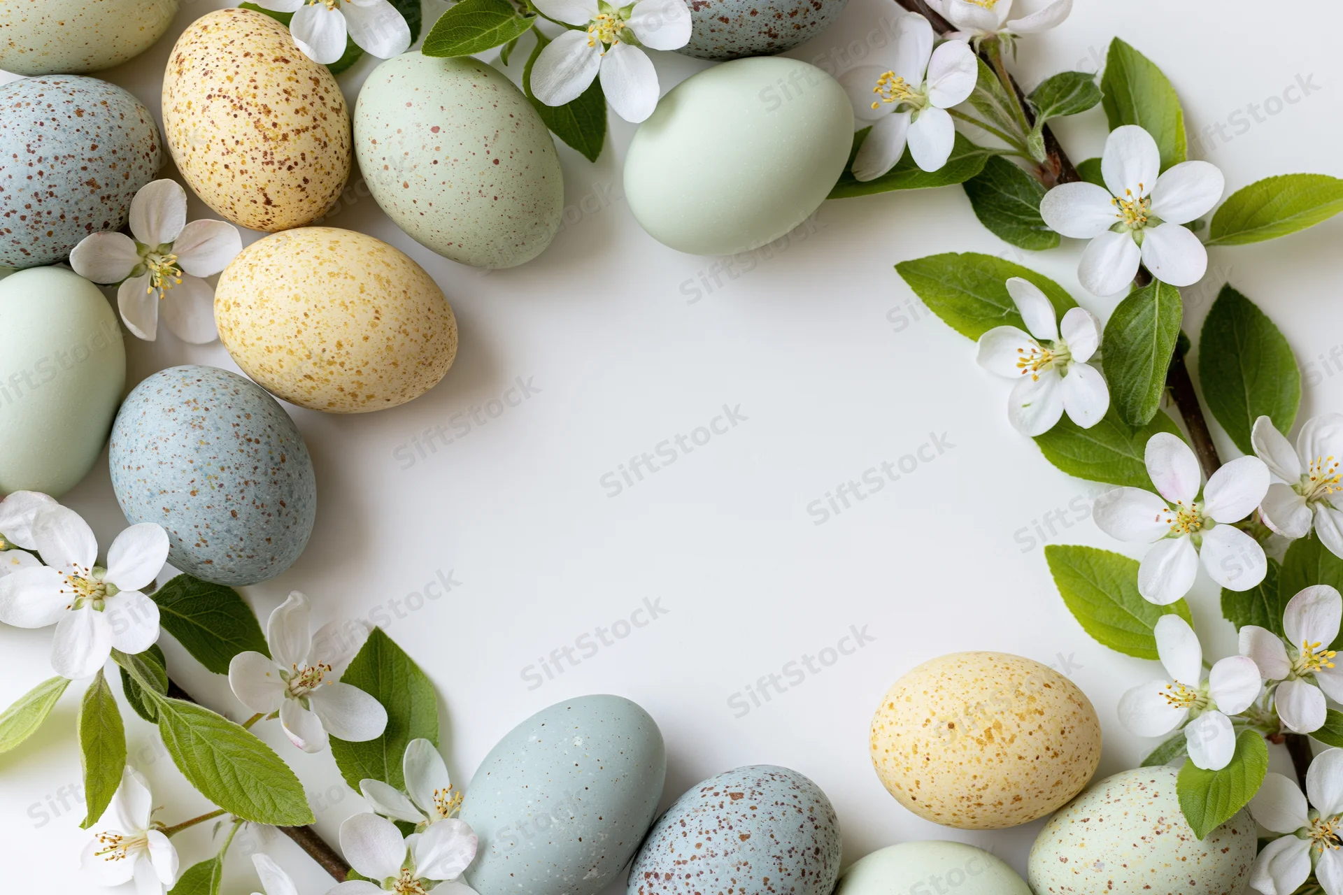 Pastel-speckled easter eggs and apple blossom branches arranged in a frame on white background with copyspace