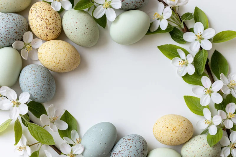 Pastel-speckled easter eggs and apple blossom branches arranged in a frame on white background with copyspace
