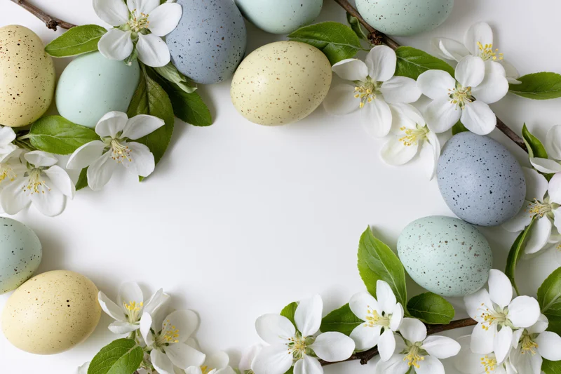 Pastel-speckled easter eggs and apple blossom branches arranged in a flat lay with copyspace on white background