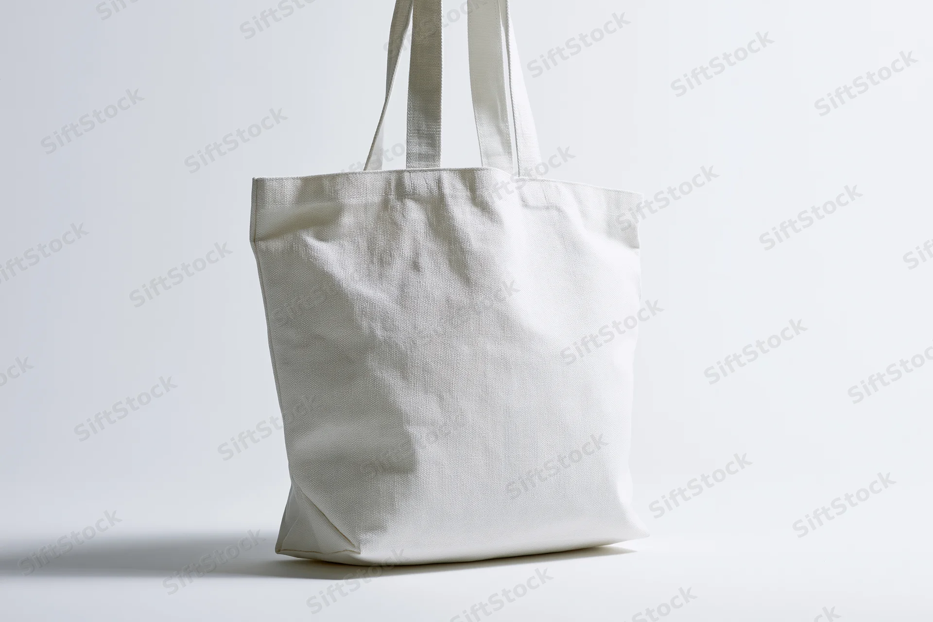 Plain white canvas tote bag standing upright centered against white background